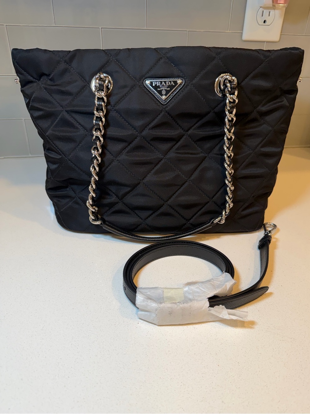 Prada Quilted Re-Nylon Chain Tote Bag – Black